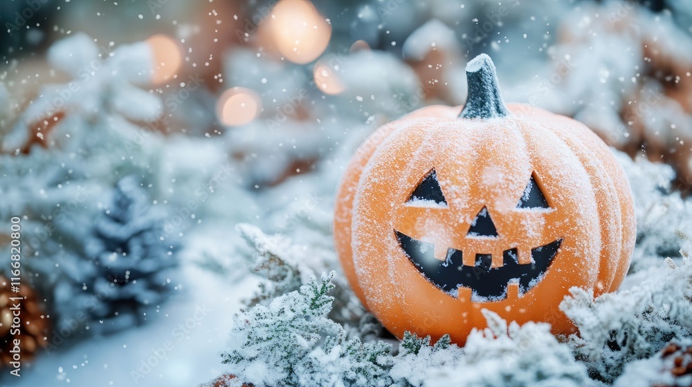 Poster halloween pumpkin covered in snow with festive background and snowflakes creating a cozy winter atmo