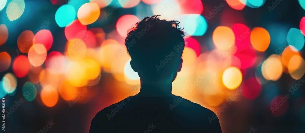 Poster silhouette against vibrant bokeh lights creating a dreamy and atmospheric background in a night sett
