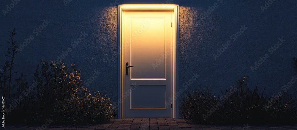 Poster Illuminated white door radiating warmth in a dark nighttime setting creating an inviting and serene atmosphere for contemplation and welcome.