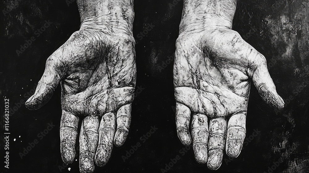 Poster textured hands with visible wrinkles and creases captured in a dramatic black and white photography 