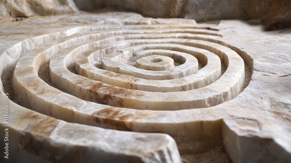 Poster intricate labyrinth pattern carved in quartz stone highlighting natural colors and textures in a ser