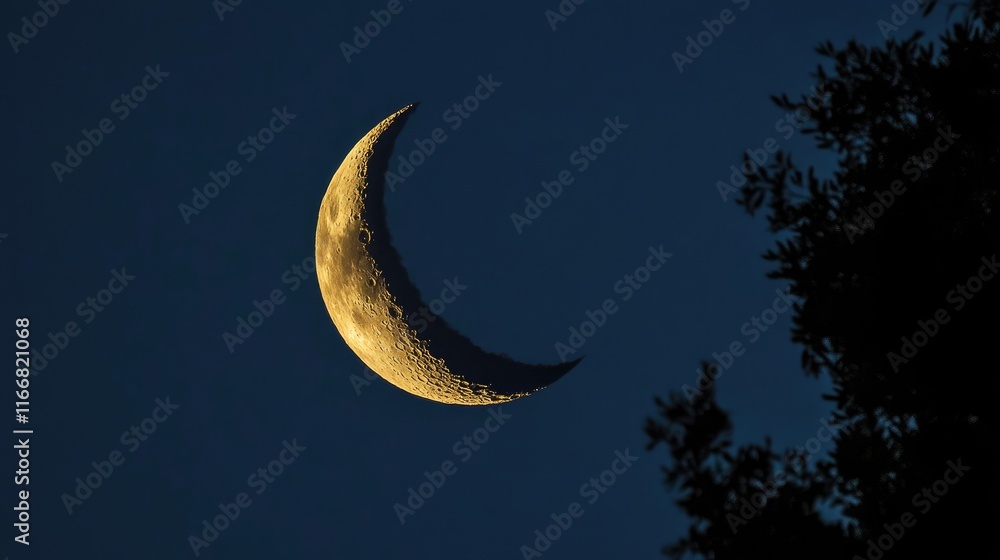 Poster crescent moon illuminating night sky with silhouette of trees creating a serene atmospheric scene