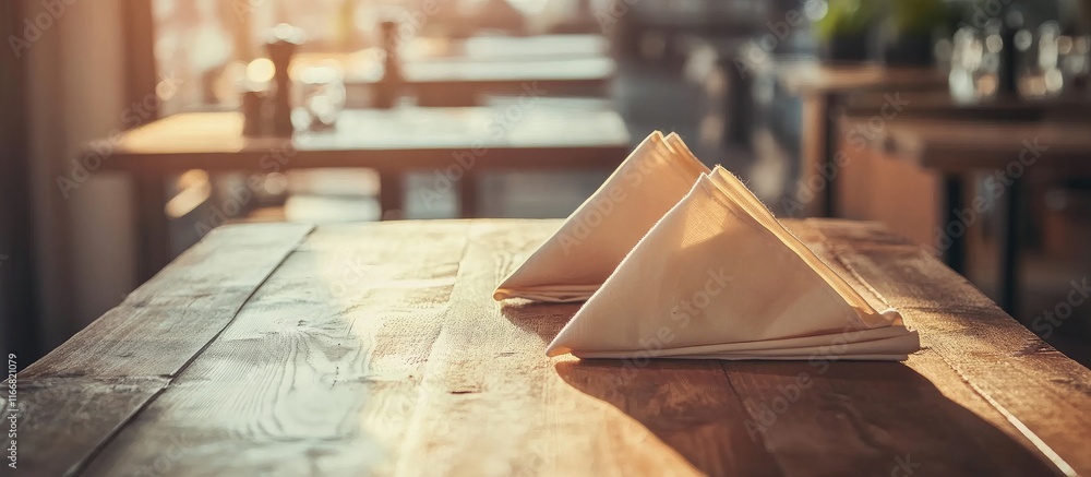 Poster elegant wooden table setting with neatly folded napkins in a softly blurred interior creating a warm