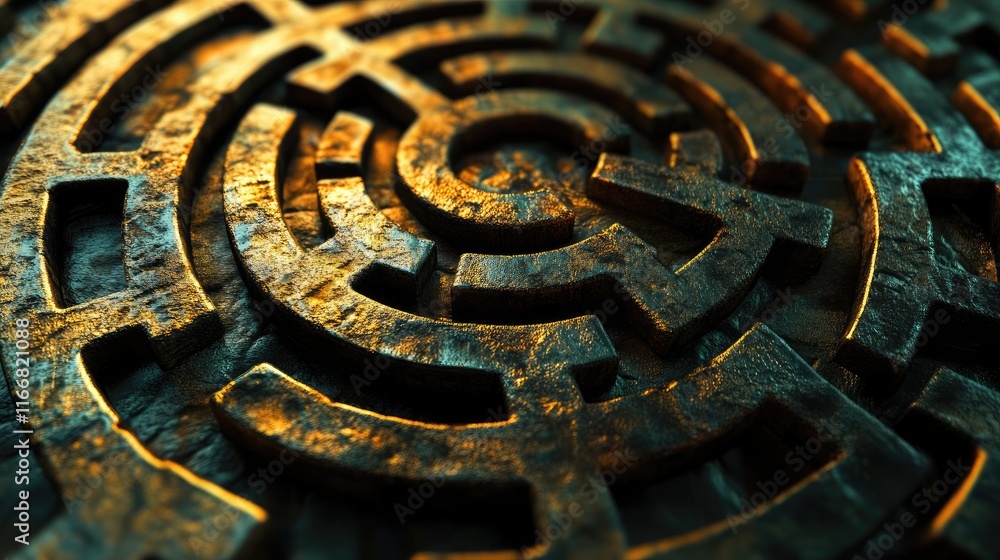 Poster labyrinth design with metallic texture symbolizing exploration and innovation in advanced technology