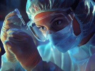 Focused female scientist in protective gear examining a vial under blue lighting.