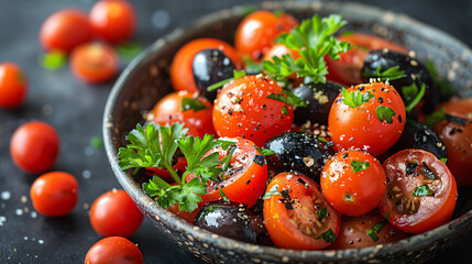 Fresh tomato salad with basil and capers presented in a rustic bowl surrounded by cherry tomatoes and herbs