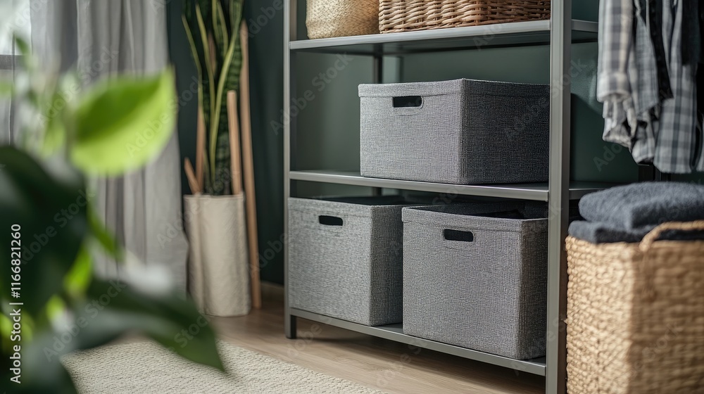 Poster stylish hallway with a gray shelving unit featuring three storage boxes and woven baskets for a mode