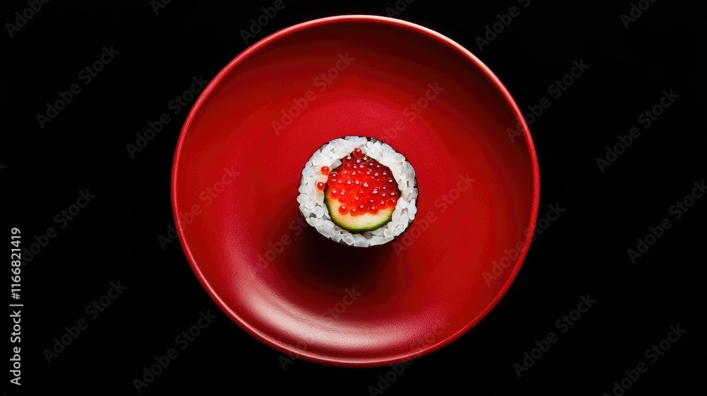 Poster gourmet sushi roll with salmon cucumber and red caviar on red plate against elegant black backdrop s