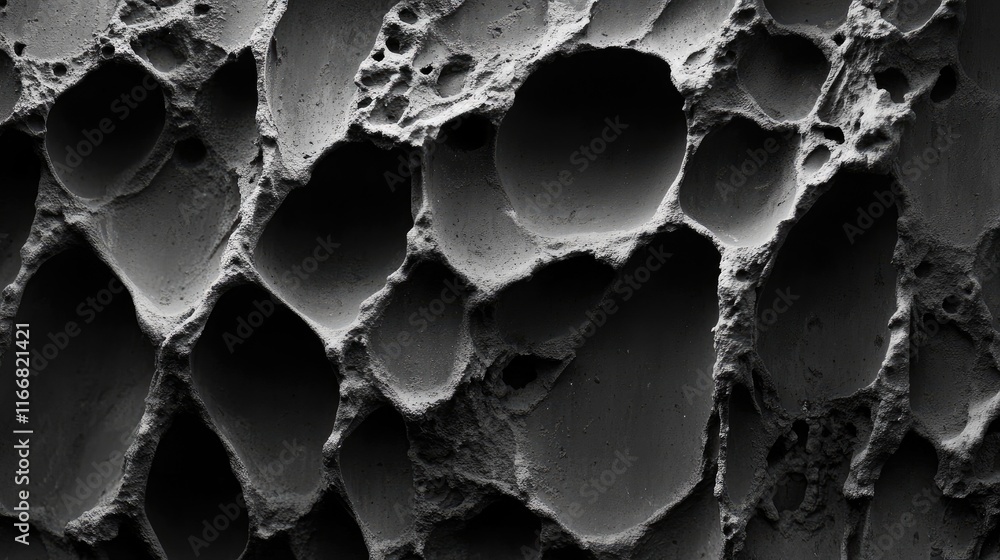 Poster textured dark gray cement surface with abstract patterns and irregular holes for a moody and atmosph