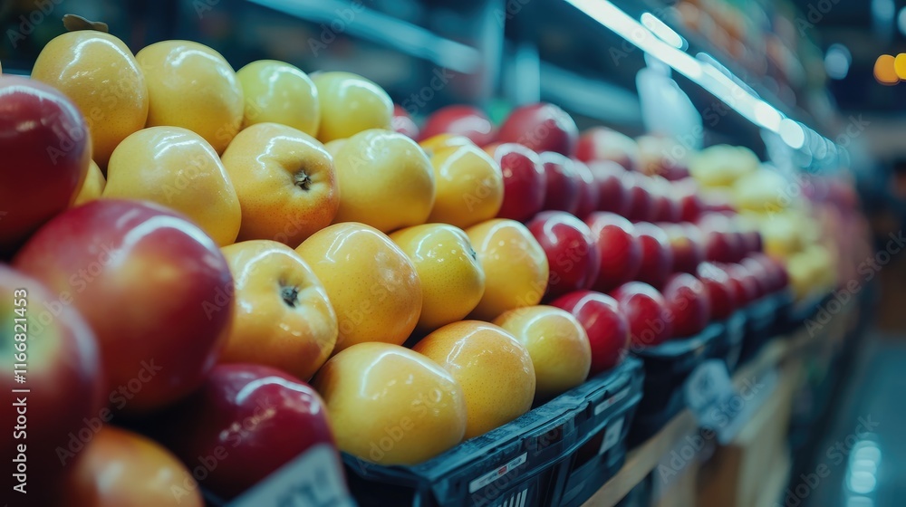 Poster vibrant display of red and yellow apples in a market illuminated by natural light showcasing fresh p
