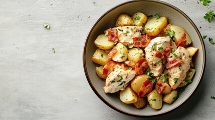 Savory chicken dish with crispy bacon and roasted potatoes presented in a bowl on a neutral background ideal for culinary promotions
