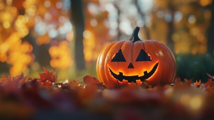 Naklejka premium Halloween pumpkin with glowing face amidst vibrant autumn leaves in a blurred background creating a festive seasonal atmosphere.