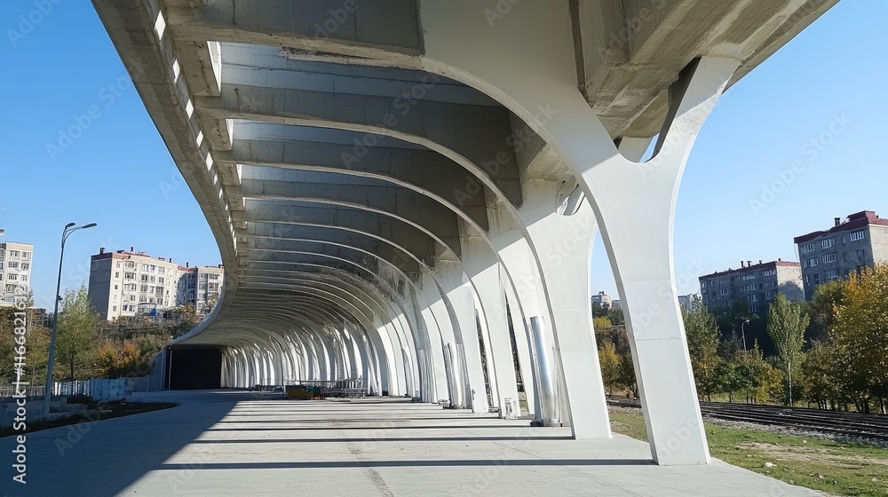 Poster ladaria tunnels architectural design featuring skeletal structure and steel columns supporting urban