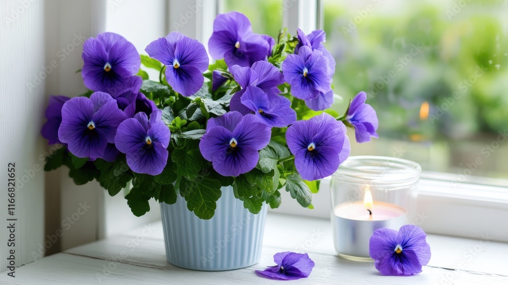 Poster fragrant purple flowers in a vase on a white wooden table with a candle, creating a serene atmospher