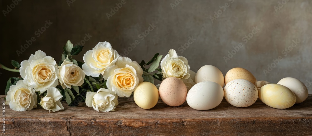 Poster easter eggs and fresh roses on rustic table symbolizing spring joy and holiday celebration in a deli