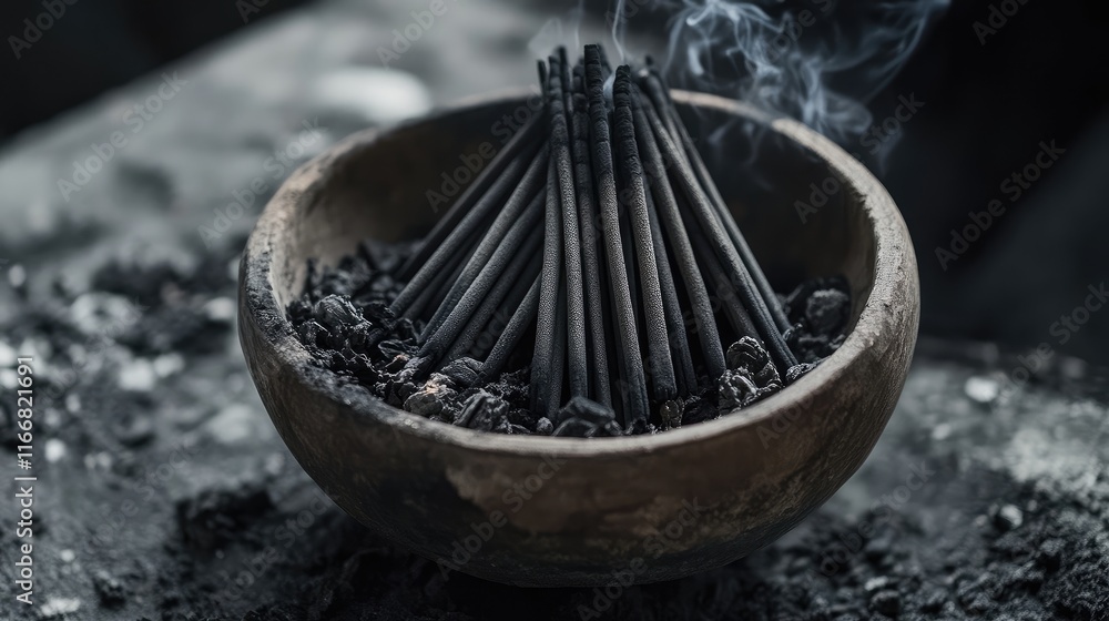 Poster incense sticks resting in a bowl of ash with smoke rising creating a serene and meditative atmospher