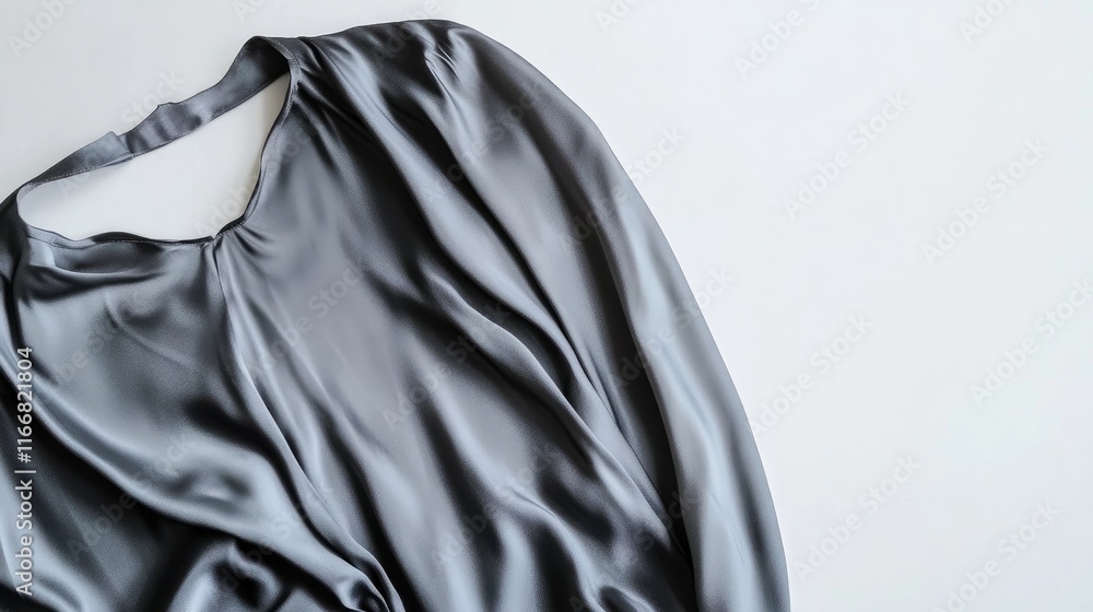 Poster elegant gray silk blouse draped on soft white background showcasing luxurious texture and extended h