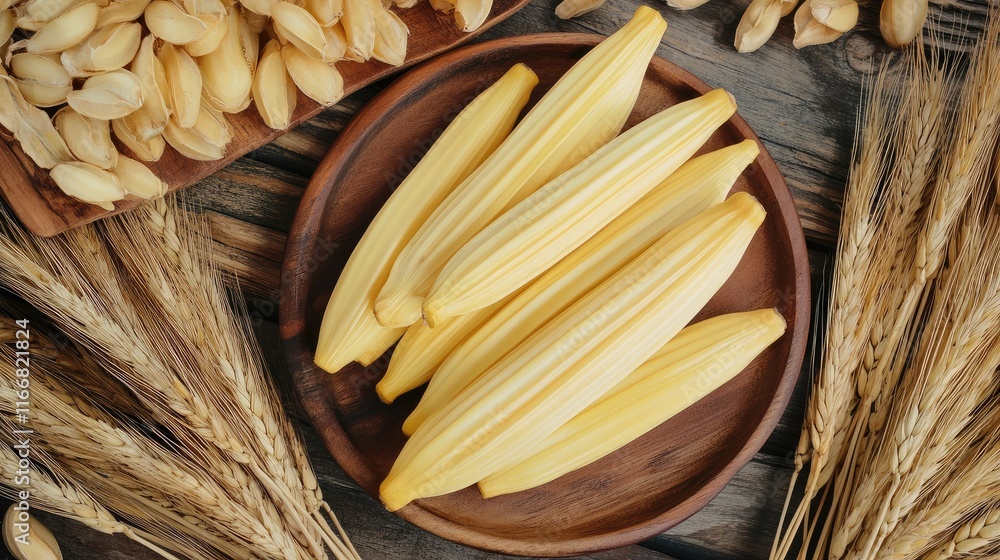 Poster fresh lady fingers arranged on a wooden plate surrounded by wheat and nuts creating a rustic culinar