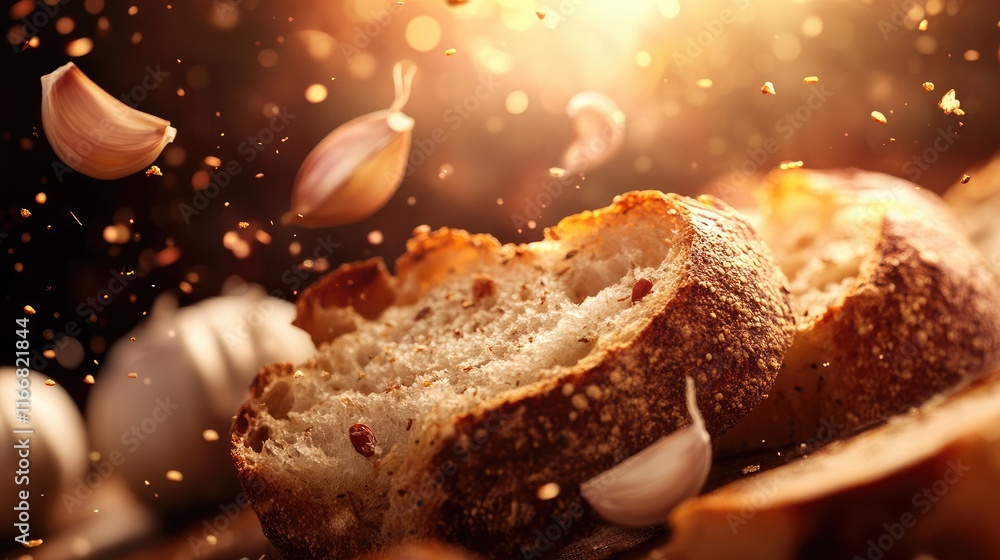 Poster crispy bread with garlic cloves against a warm glowing background creating an inviting culinary atmo