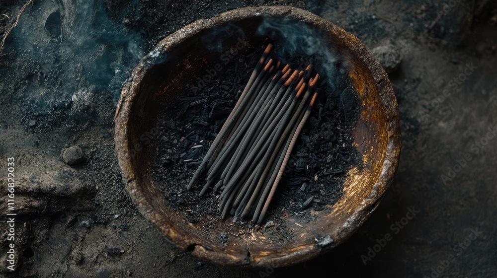 Poster incense sticks burning in a rustic bowl filled with ash creating a serene atmosphere in a traditional setting