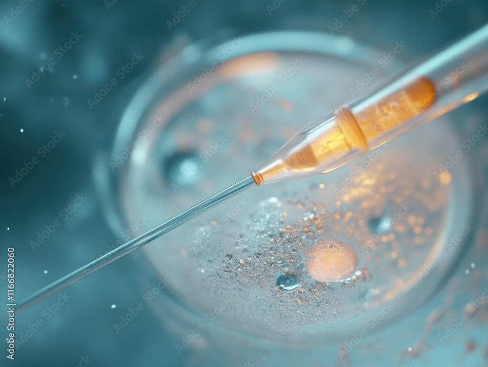 Poster close-up of a syringe resting on a petri dish filled with a viscous substance, creating a laboratory