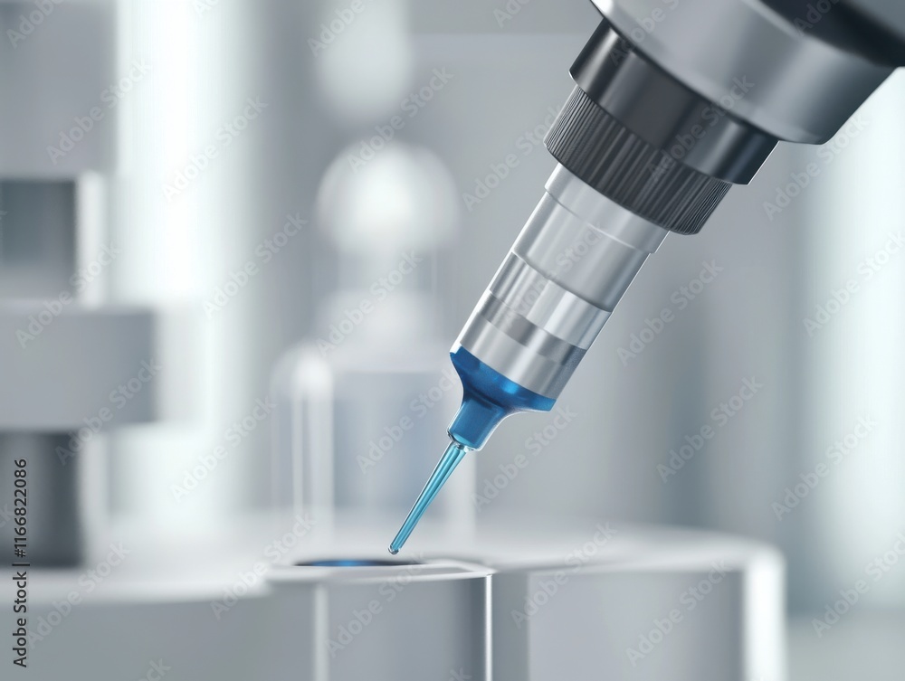 Poster close-up of a syringe preparing to inject vaccine in a sterile lab environment.