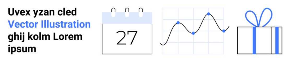 Calendar shows the 27th, line graph with fluctuating data points, gift box with bow. Ideal for scheduling, data analysis, celebrations, planning, business holidays event promotion. Landing page