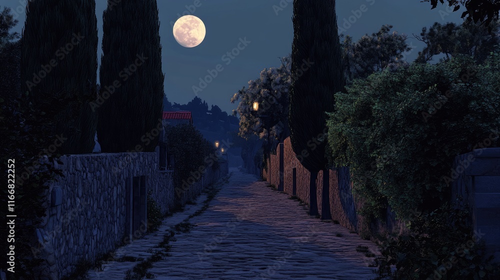 Poster moonlit path in serene evening with tall trees and gentle streetlights illuminating the cobblestone 