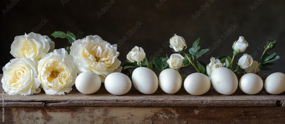 Poster easter eggs and delicate roses on rustic table symbolizing spring's arrival and the joy of holiday c