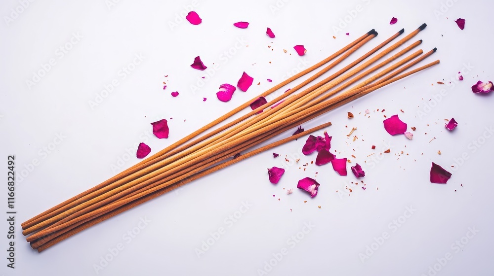 Aufkleber aromatic incense sticks scattered with rose petals on a clean white background creating a serene and