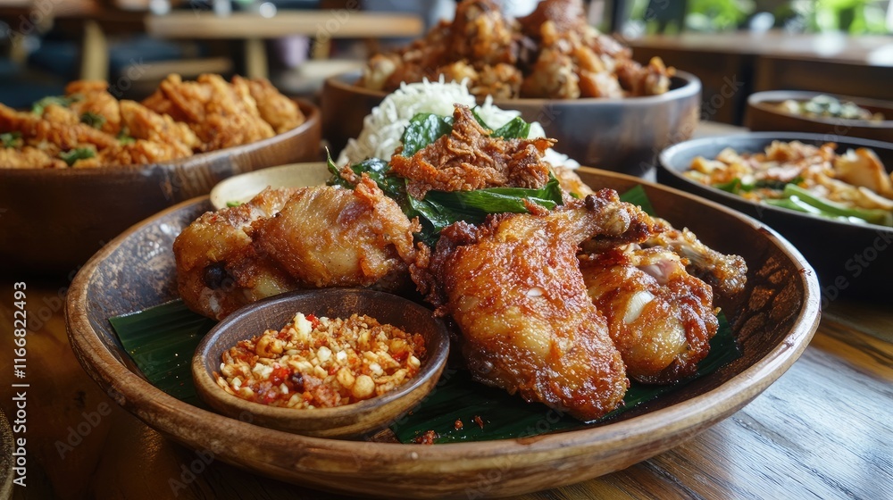 Poster delicious crispy fried chicken served with rice and spices in a rustic setting showcasing appetizing
