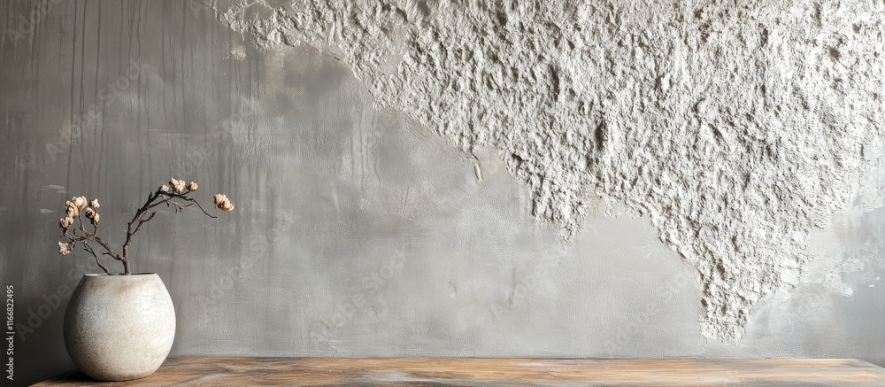 Poster artisan grey plaster wall finish highlighting unique texture and craftsmanship with a decorative vas