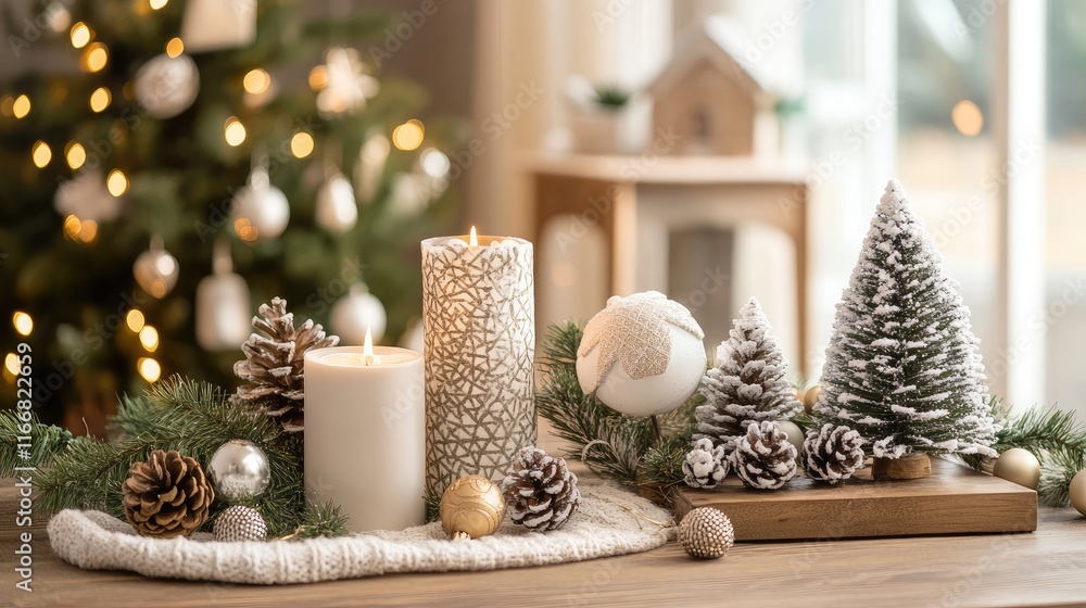 Poster christmas decoration setup with candles pinecones and miniature trees creating a warm festive atmosp