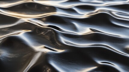 Glossy crinkled black plastic sheet with reflective highlights and textured surface showcasing intricate wave patterns and creases.