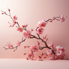 spring double sakura flowering tree branch with pink flowers on studio on light pink background