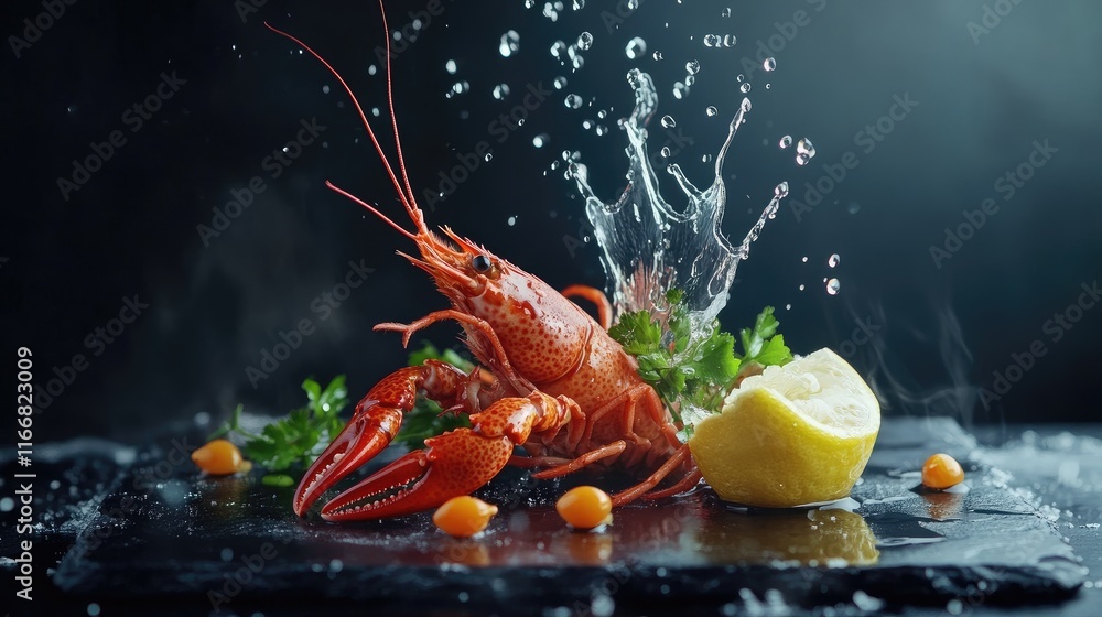 Poster boiled crawfish with lemon and herbs on slate plate with splashes of juice showcasing healthy seafoo