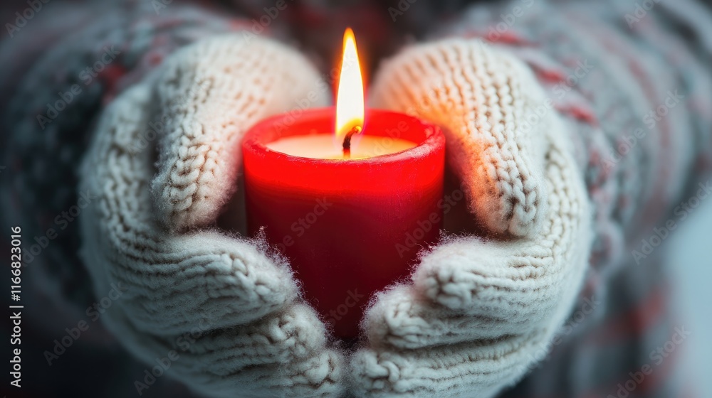 Poster cozy hands in knitted mittens gently cradle a bright red candle with a warm flame glowing softly in 