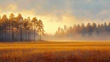 Golden field with deciduous forest shrouded in morning fog during sunrise Warm sunlight illuminating an idyllic rural landscape
