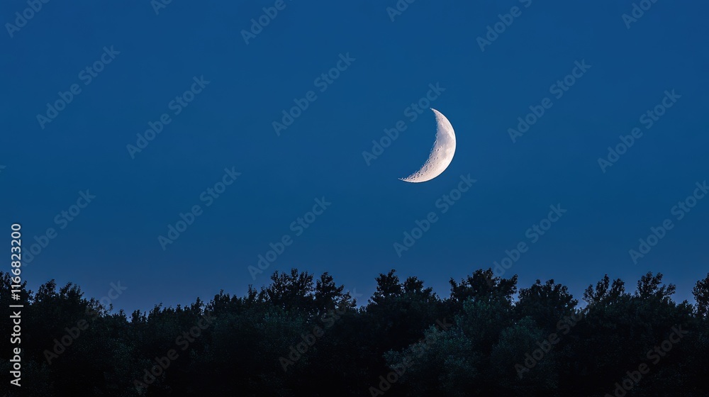 Poster serene nightscape featuring a crescent moon illuminated against a dark blue sky and silhouetted tree