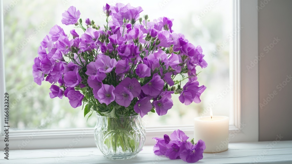 Aufkleber elegant purple flowers in a vase on a white wooden table with a candle beside a serene window settin