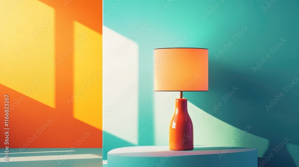 Poster brightly lit room featuring a stylish lamp on a round table with vibrant geometric background colors