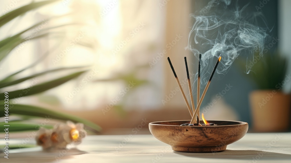 Poster calm ambiance with incense sticks and wisps of smoke creating a serene atmosphere in a beautifully b