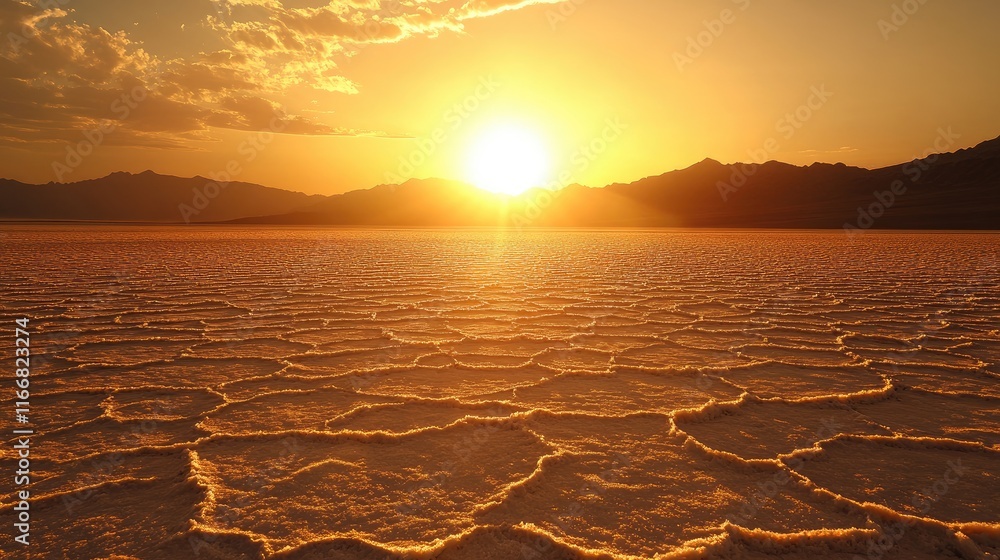 Poster sunset reflections over salt flats with dramatic landscape and intricate patterns in the ground