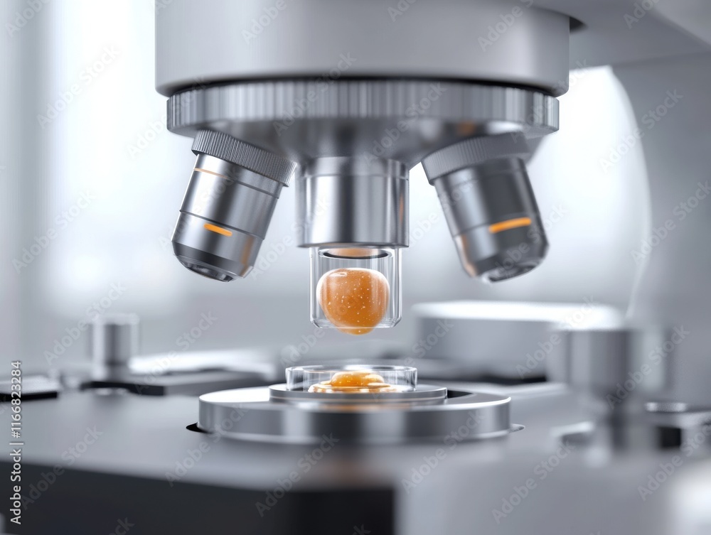 Poster close-up of a microscope examining a translucent orange sphere, showcasing advanced laboratory techn