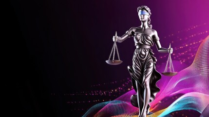 A statue of Lady Justice holding scales against a colorful background.