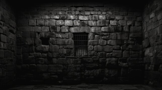 Dark stone prison cell with barred window and textured walls in low light