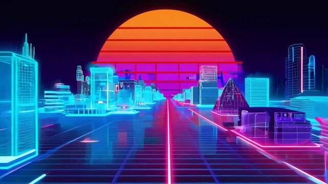 Futuristic Cityscape at Sunset with Neon Lighting and Geometric Structures in Vibrant Colors