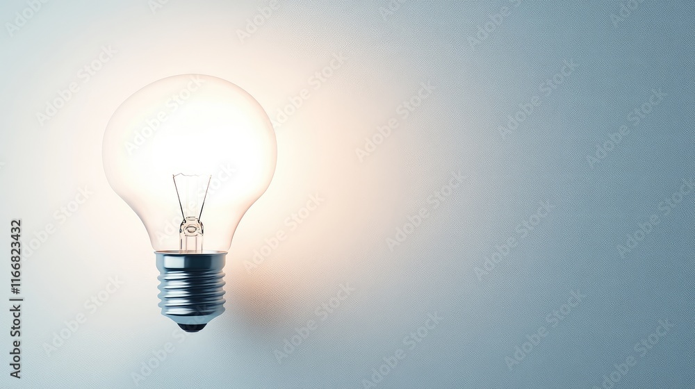 Poster illuminated light bulb on a clean white background with soft glow creating a bright and inviting atm
