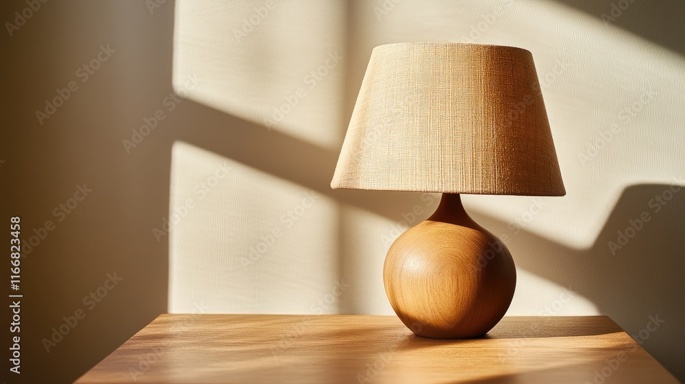 Poster elegant wooden bedside lamp with fabric shade casting soft shadows in a cozy bedroom interior design