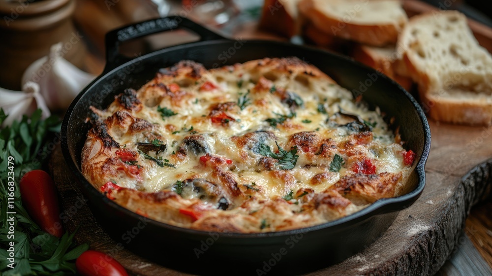 Poster baked dish in a cast iron pan on a rustic wooden table with bread garlic and herbs for a tempting cu